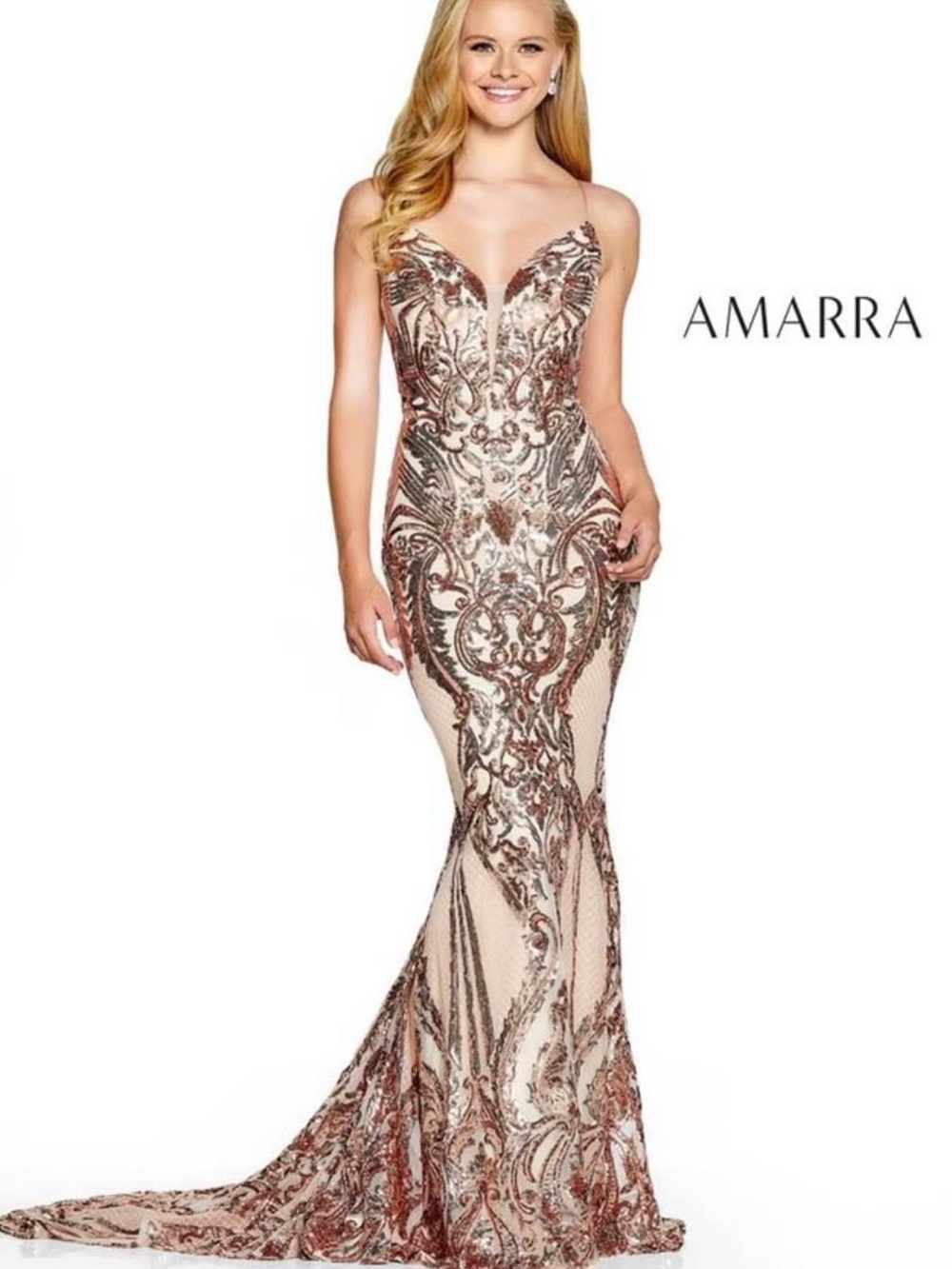 AMARRA Rose Gold Sequin Prom Dress - Picture 2 of 3